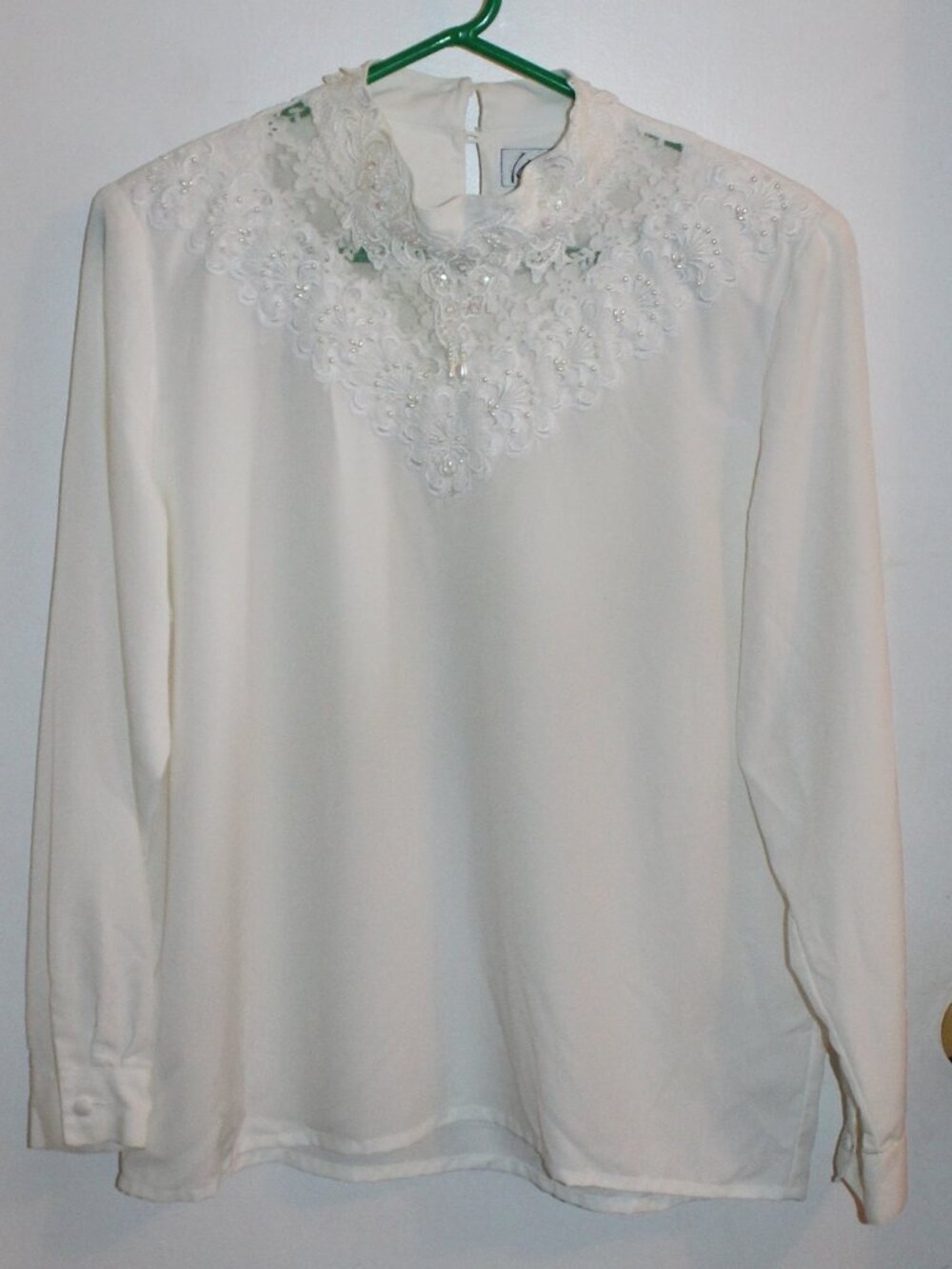 Vintage Kathy Che ivory lace blouse, high mock neck, an elegant lace bib